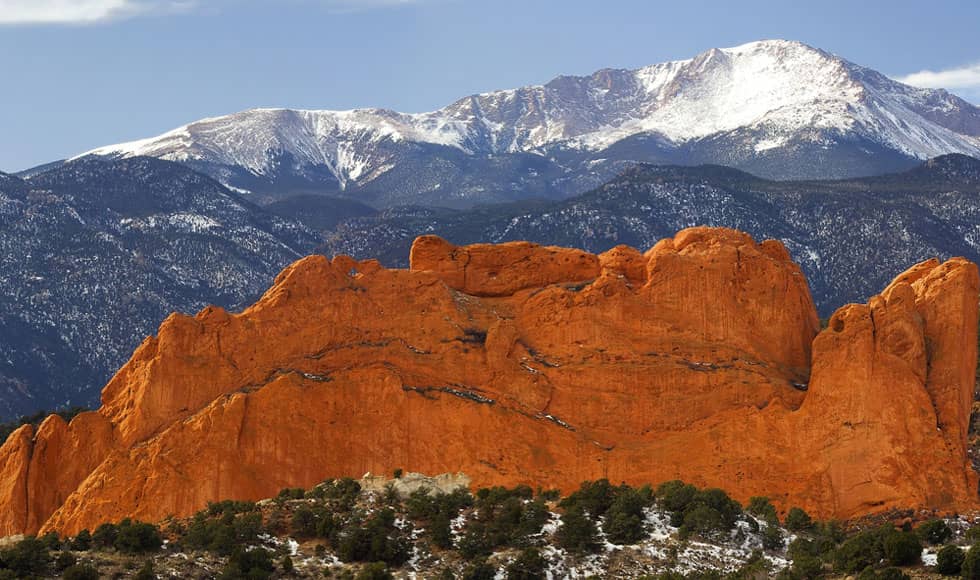 A view if a sow capped Pike's Peak from the Garden of the Gods neaar Colorado Springs