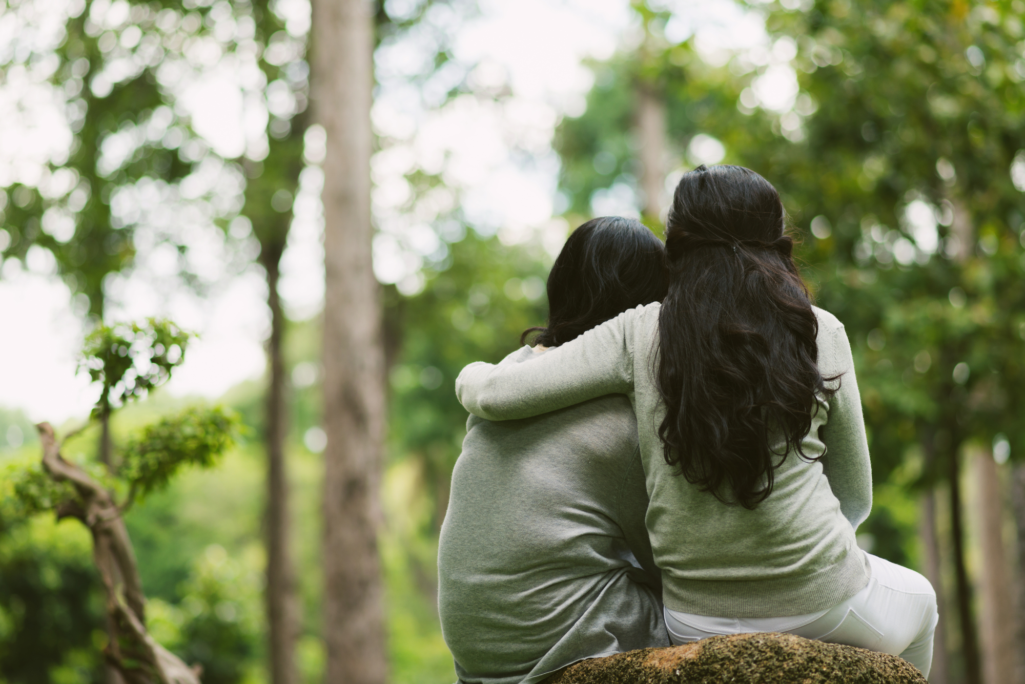 Rear view of hugging female friends sitting in the park to support