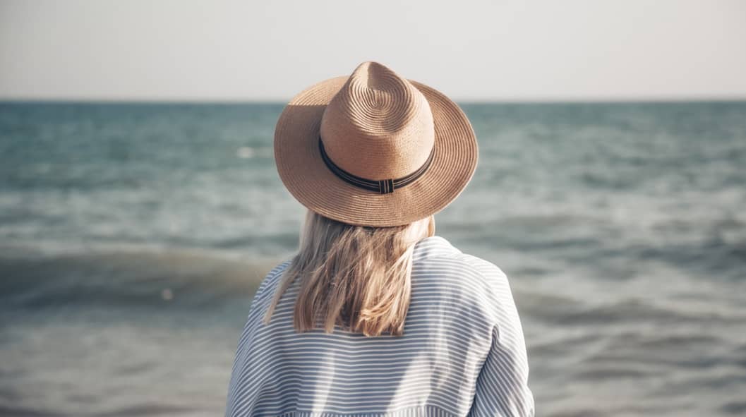 A person wearing a wide-brimmed hat and a striped shirt looks out at the sea.