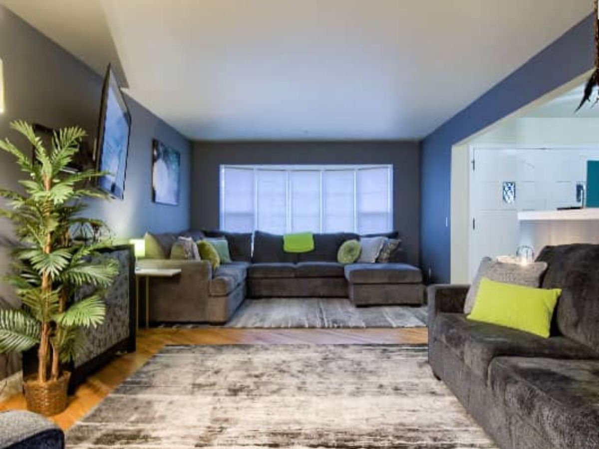 Living room with gray sofas, green accent pillows, a large area rug, potted plant, and a TV mounted on the wall. Light streams in from a window at the far end.