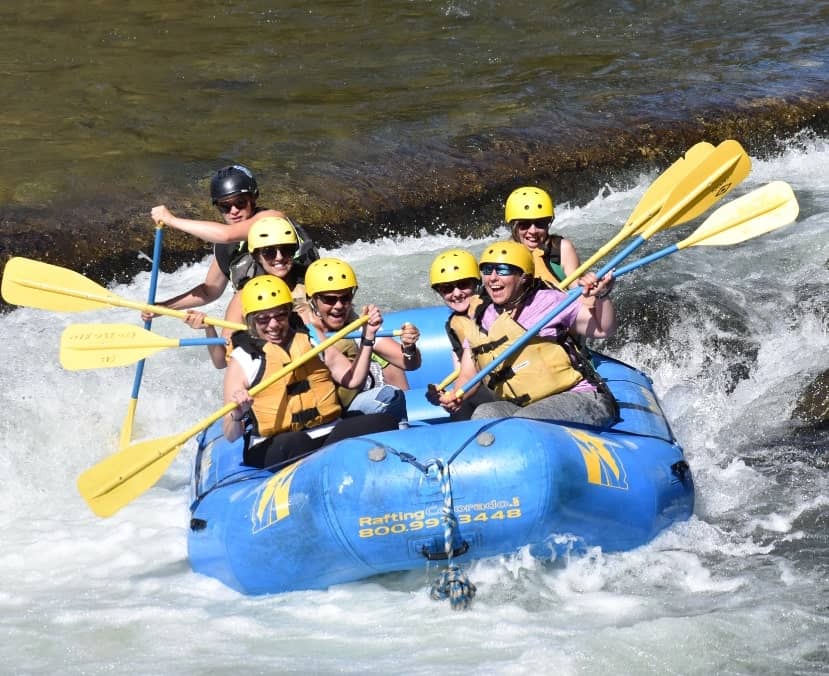 seven people doing water rafting