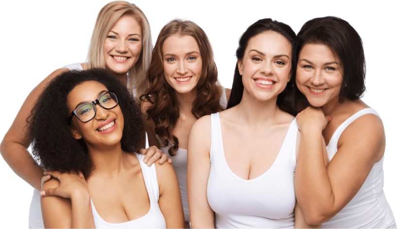 five smiling women wearing white tank tops