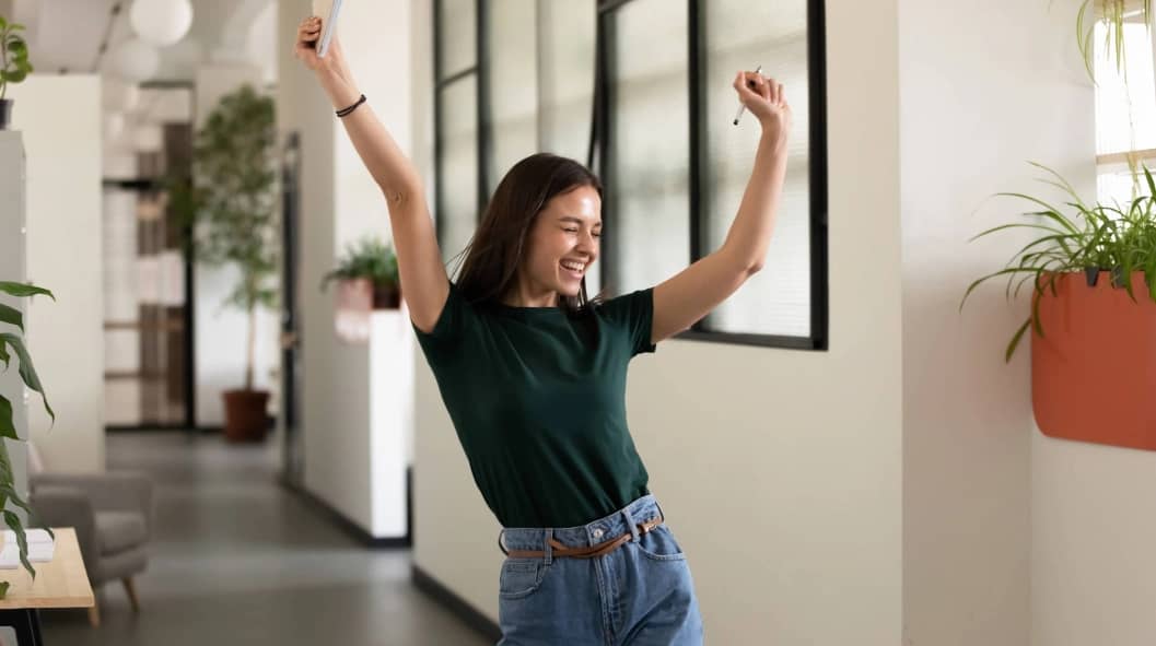 Happy woman in sober living and career advancement