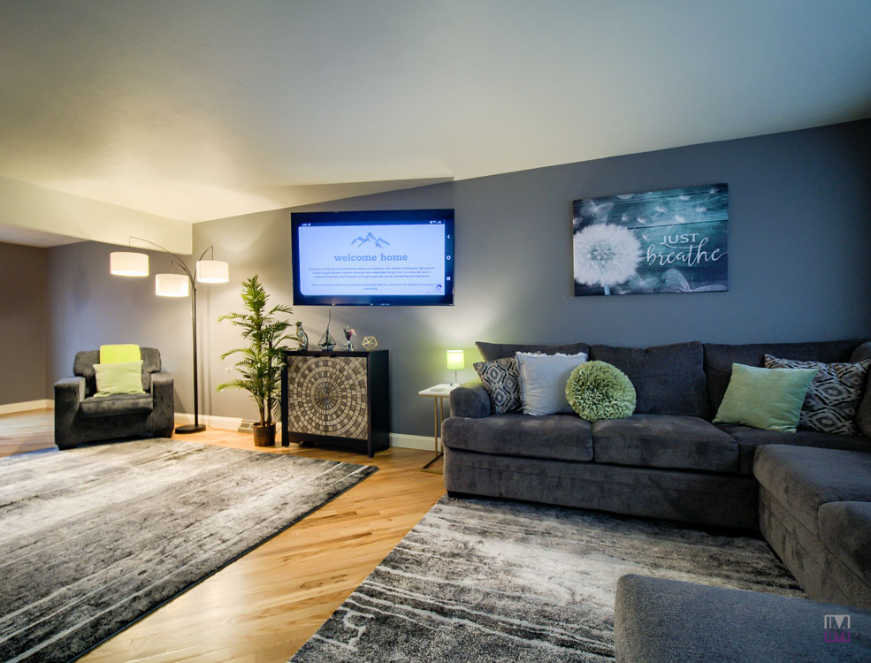Modern living room with dark gray sofas, decorative pillows, wall art, a large TV, indoor plants, floor lamps, and area rugs on light wood flooring.